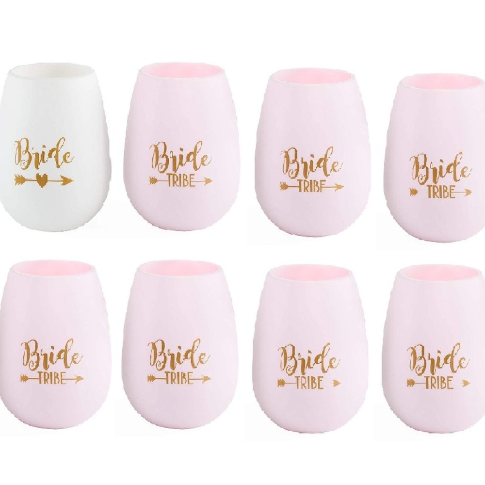 Bachelorette To Go Wine Cups - 10 Stemless Wine Cups 1 Bride, 9 Bride Tribe Pink